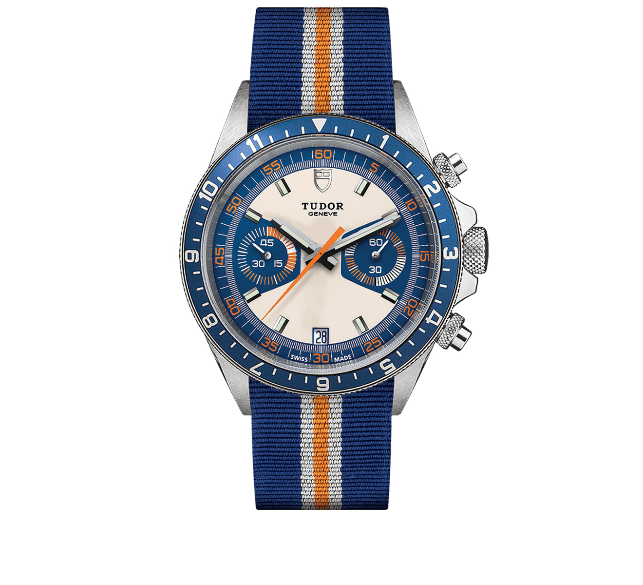 Часы Chrono Blue Tudor Tudor Heritage 70330B/BLUE FABRIC WHITE AND ORANGE/OPALINE BLUE - фото 1 – Mercury