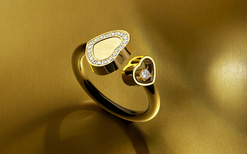 Кольцо Happy Hearts — Golden Hearts из желтого «этичного» золота с плавающим и статичными бриллиантами