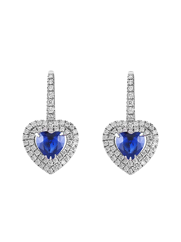 Серьги Mercury Heart из белого золота с сапфирами огранки сердце и бриллиантами круглой огранки
