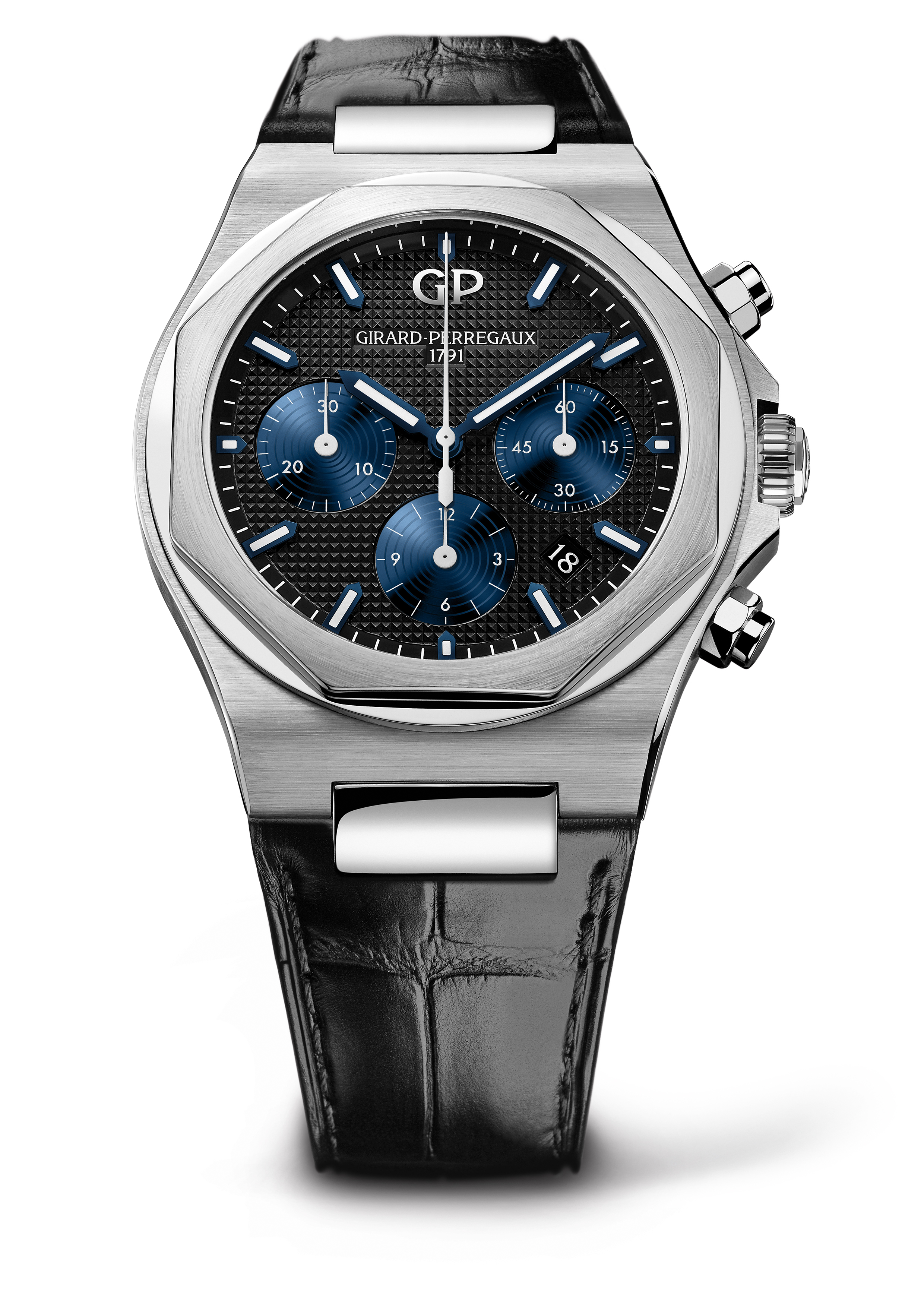 Часы Girard-Perregaux Laureato Chronograph 42 мм с черным гильошированным циферблатом и черным кожаным ремешком