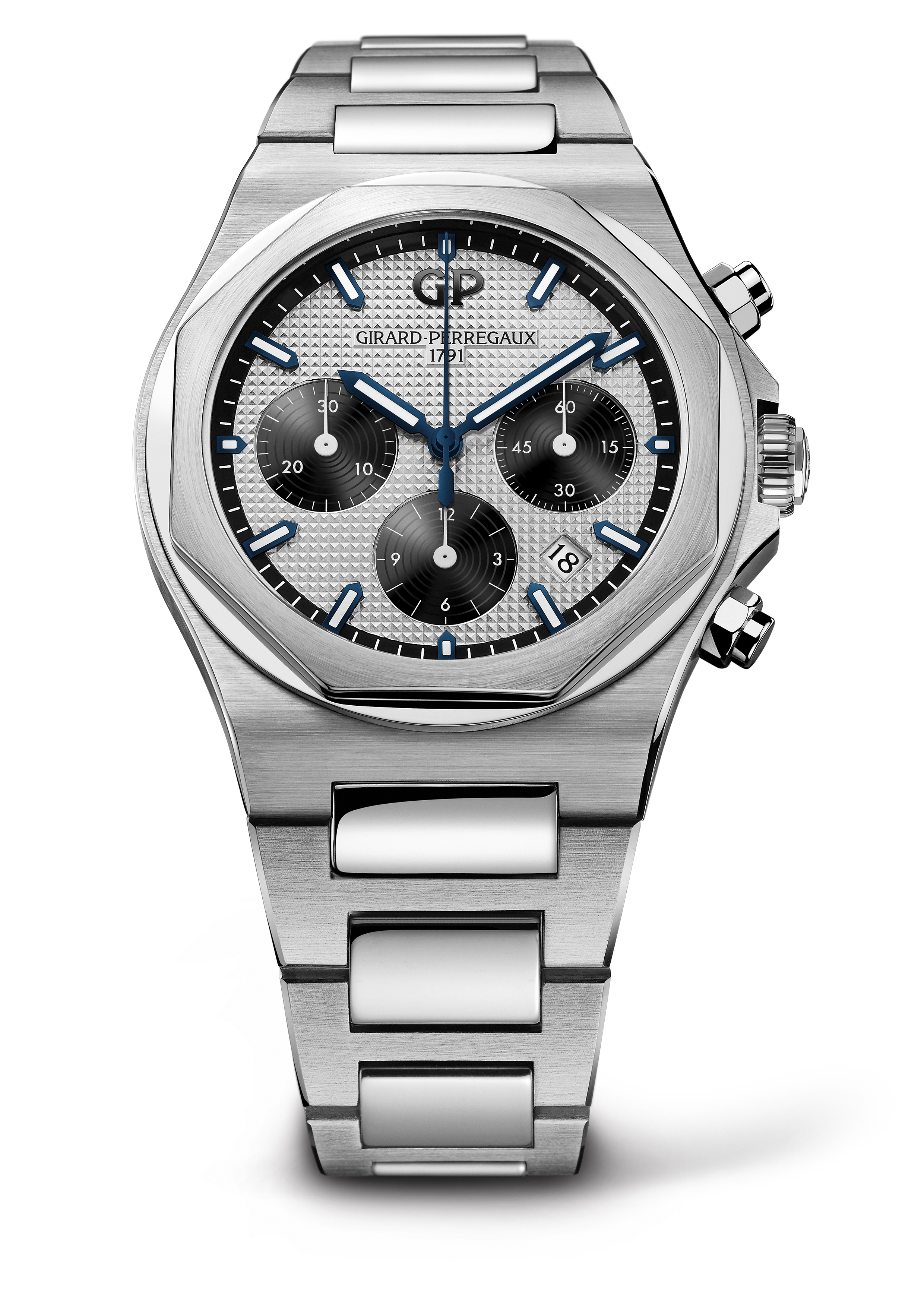 Часы Girard-Perregaux Laureato Chronograph 42 мм с серебристым гильошированным циферблатом