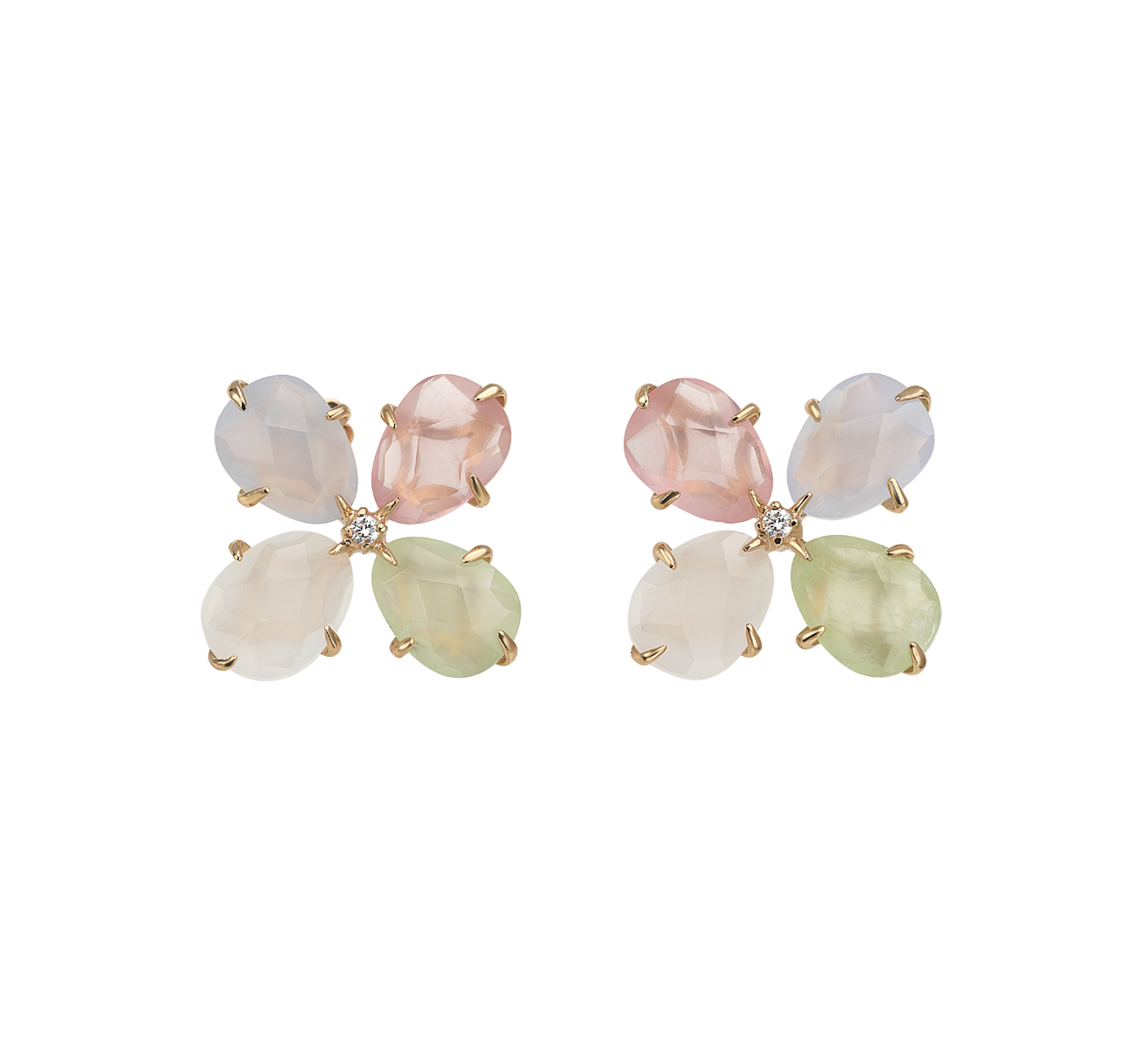 Серьги Mimi Mila Primavera из розового золота с перламутром, кварцем, халцедонами и пренитами