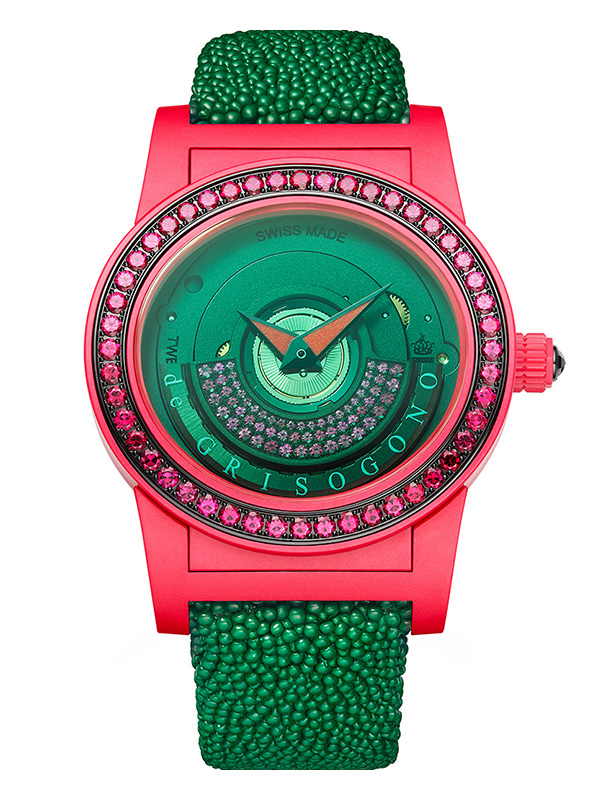 Часы de Grisogono Tondo By Night Red Green с корпусом из фотолюминесцентного композитного стекловолокна и безелем с красной шпинелью
