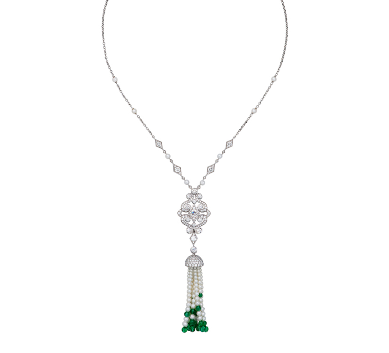 Колье Garrard Tudor Albemarle из белого золота с бриллиантами, изумрудами и жемчугом