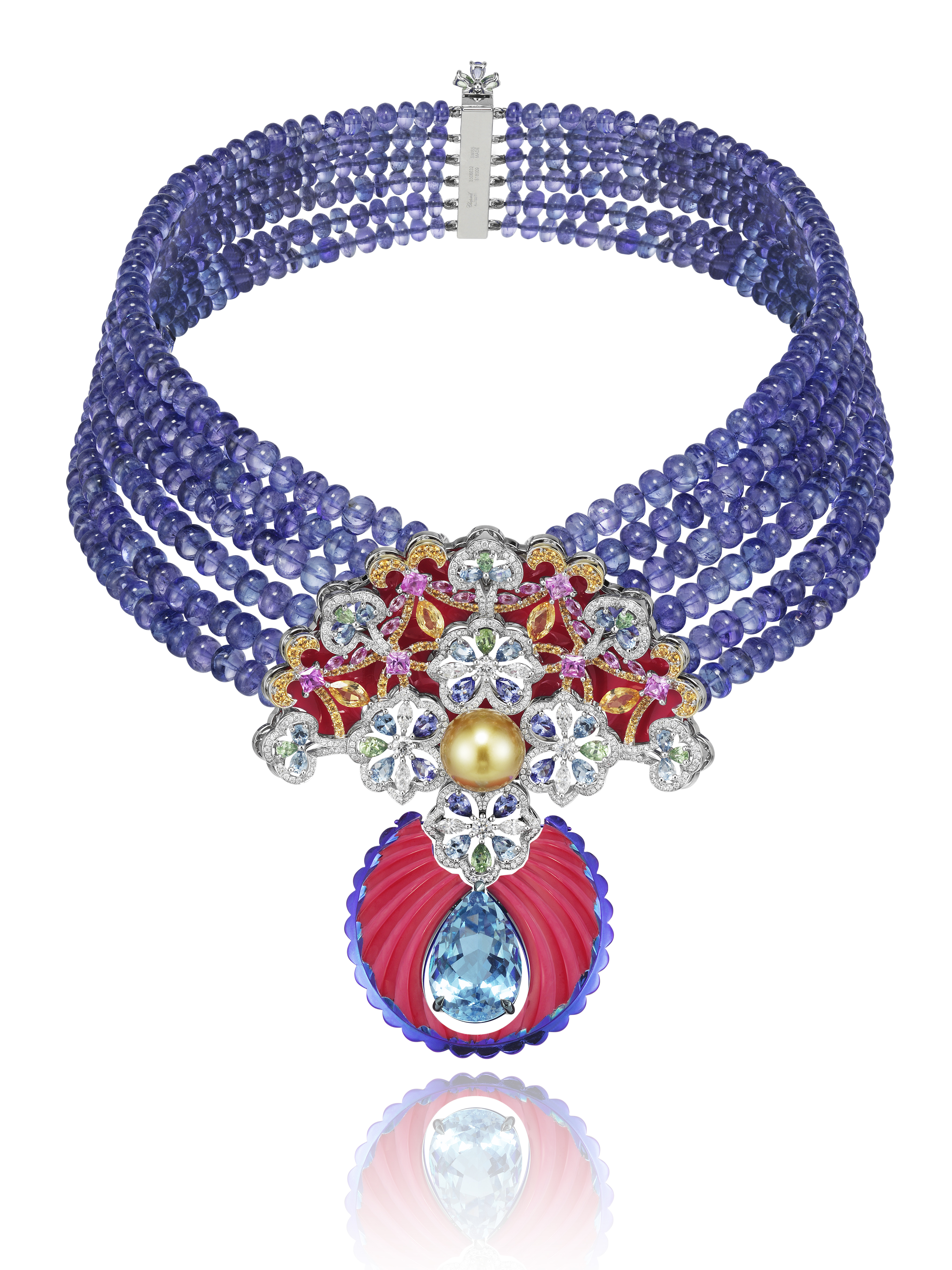 Колье Chopard Red Carpet из белого золота и титана с танзанитами, аквамаринами, цаворитами, розовыми и желтыми сапфирами, спессартины и бриллианты