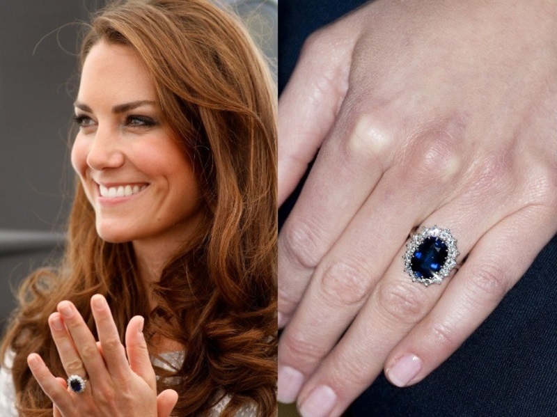 Обручальное кольцо Кейт Миддлтон украшено 12-каратным овальным синим сапфиром, окруженным четырнадцатью бриллиантами