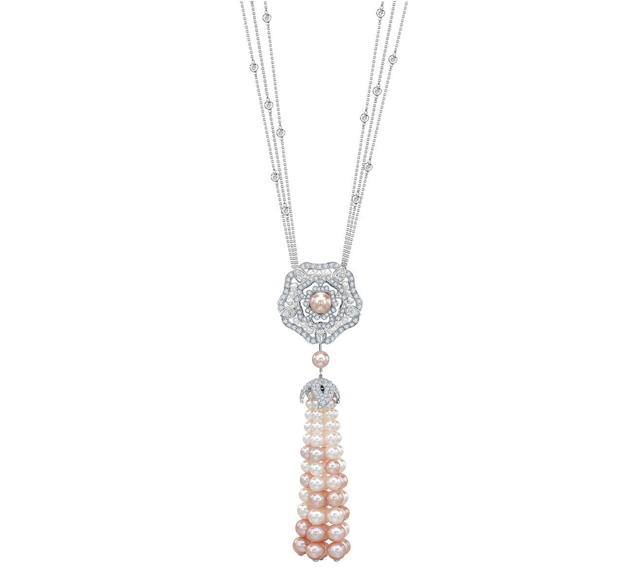 Колье Garrard Tudor Rose из белого золота с бриллиантами и белым и розовым жемчугом