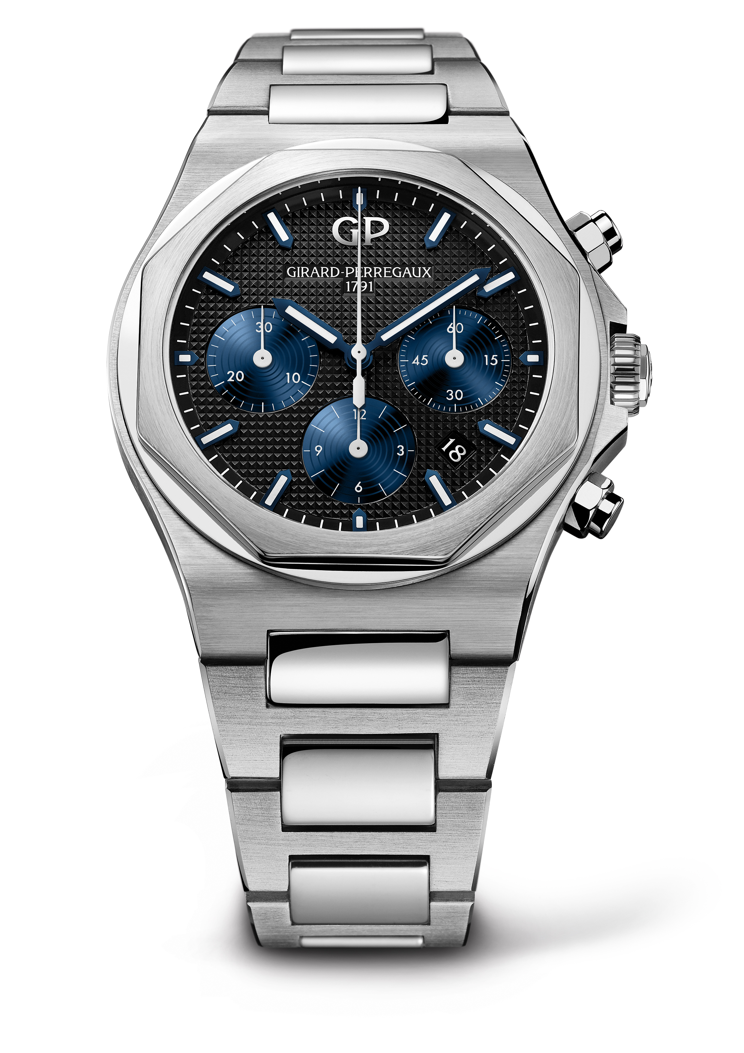 Часы Girard-Perregaux Laureato Chronograph 42 мм c черным гильошированным циферблатом с узором Clou de Paris