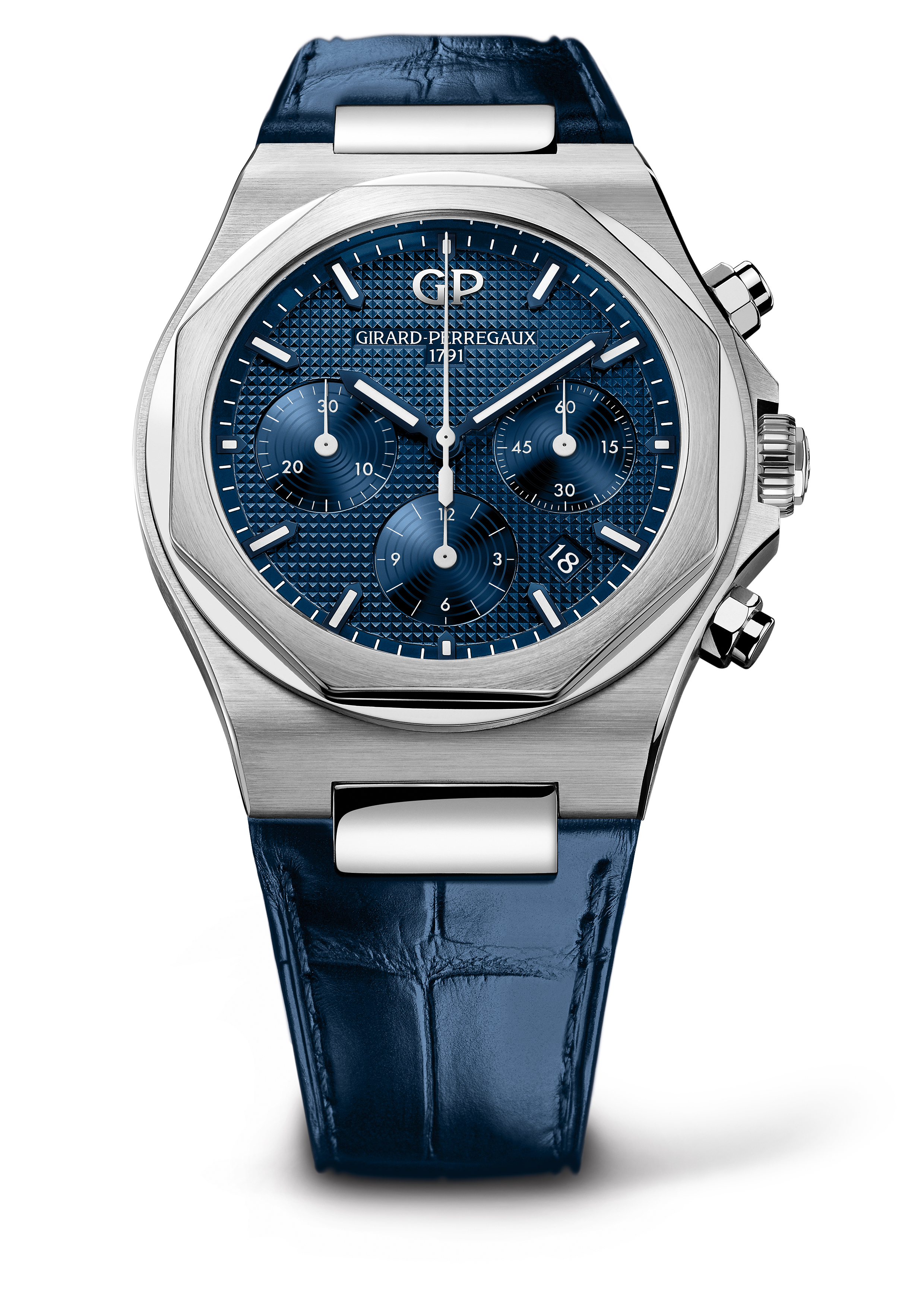 Часы Girard-Perregaux Laureato Chronograph 42 мм с синим гильошированным циферблатом на синем кожаном ремешке