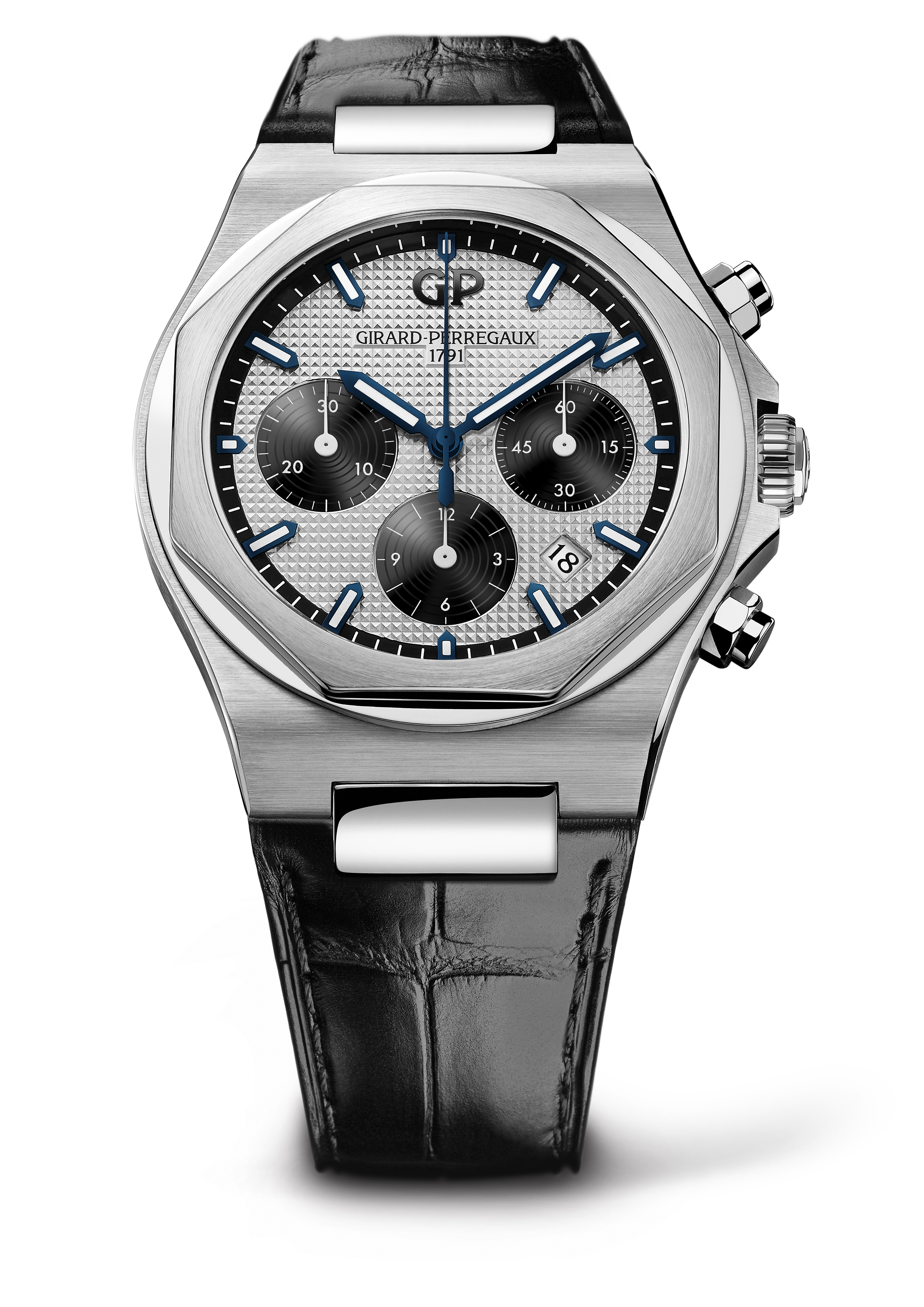 Часы Girard-Perregaux Laureato Chronograph 42 мм с серебристым гильошированным циферблатом и кожаным ремешком