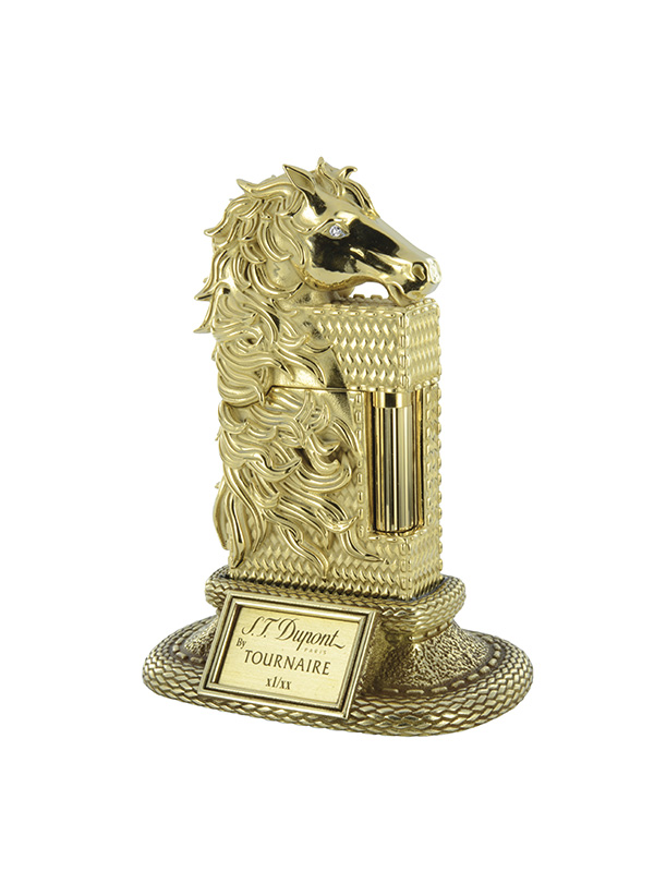 Зажигалка на подставке S.T. Dupont Haute Creation Horse Prestige из желтой патинированной бронзы с позолотой