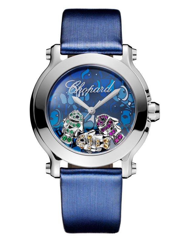 Часы Chopard Happy Sport с тремя подвижными рыбками  с рубинами, сапфирами и цаворитами