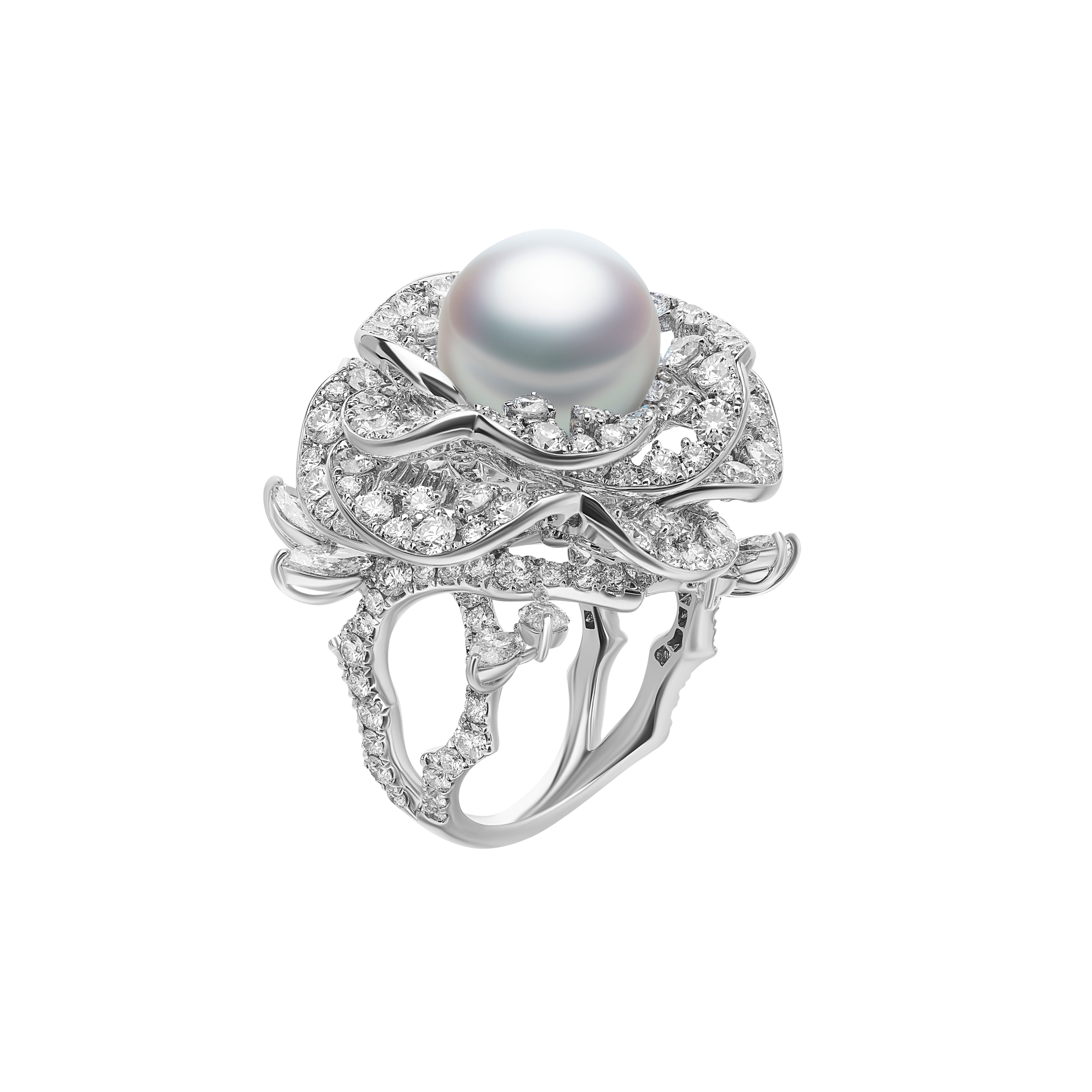 Кольцо Mikimoto Fortune Leaves из белого золота с бриллиантами и жемчугом