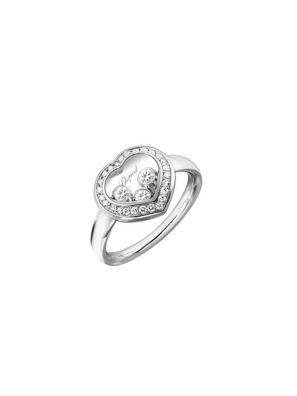 Кольцо Chopard Happy Diamonds из белого золота с бриллиантами по контуру и 3 плавающими бриллиантами внутри