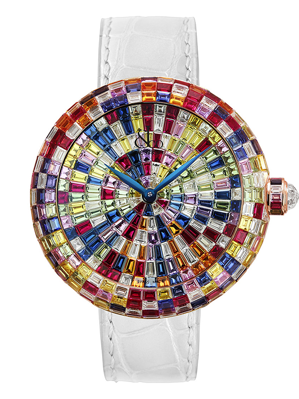 Часы Jacob & Co Brilliant Baguette Arlequino c безелем и циферблатом, инкрустированными бриллиантами и цветными сапфирами