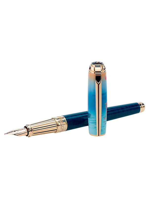 Перьевая ручка S.T. Dupont Monet с отделкой позолотой и натуральным синим лаком. На колпачок нанесена репродукция картины Клода Моне «Впечатление. Восходящее солнце» 