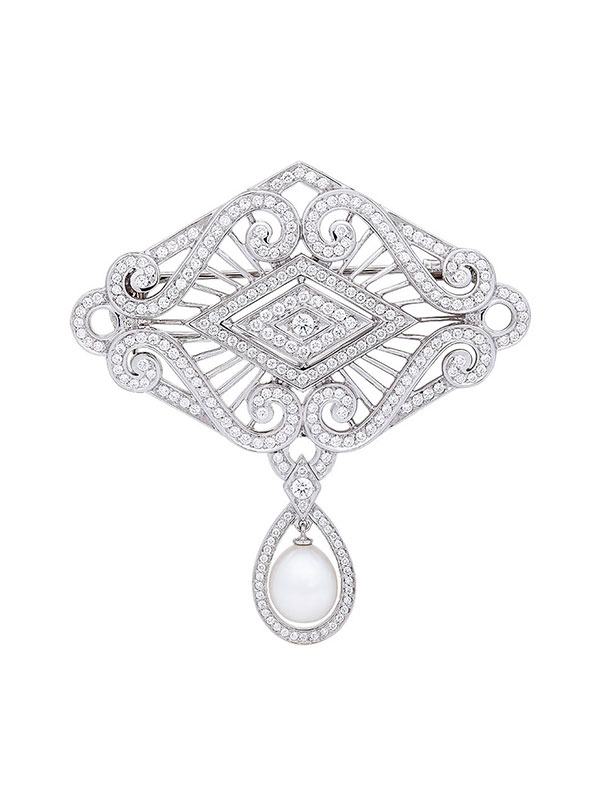 Брошь Garrard Albemarle из белого золота с бриллиантами и жемчугом