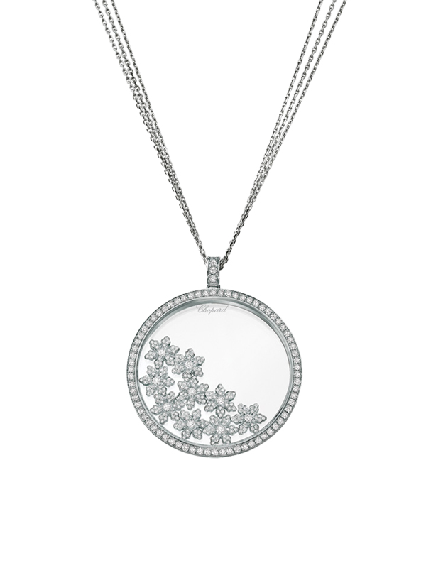 Колье Chopard Happy Diamonds из белого золота с пятью плавающими снежинками, украшенными бриллиантами