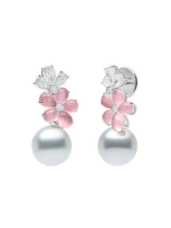 Серьги Mercury Flower из белого золота с опалами, жемчугом и бриллиантами 
