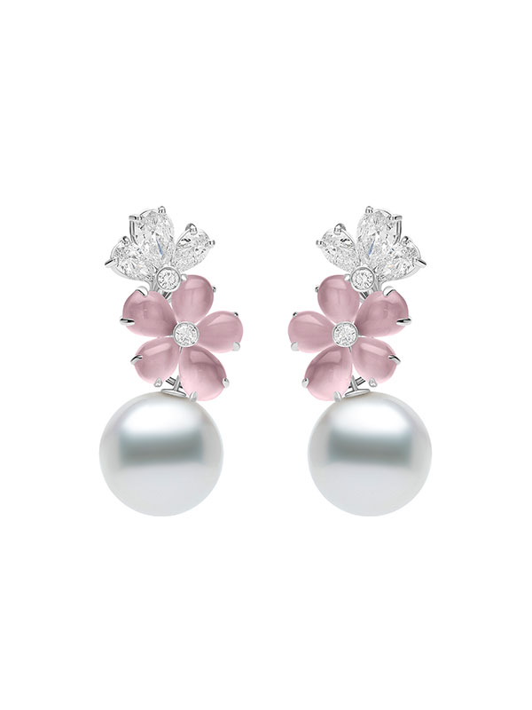 Серьги Mercury Flower из белого золота с опалом, жемчугом и бриллиантами