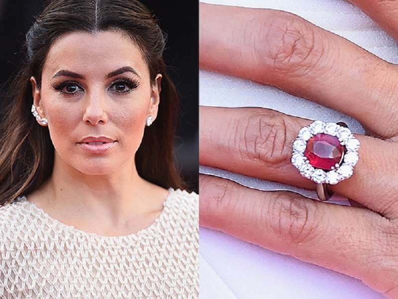 Обручальное кольцо Евы Лонгории, инкрустированное рубином в окружении россыпи бриллиантов