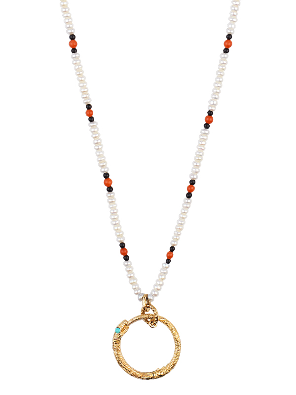 Колье Gucci Ouroboros из желтого золота с жемчугом, кораллом, бирюзой и ониксом 
