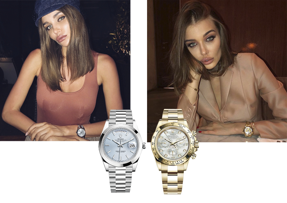 Дарья Коновалова в Rolex Day-Date, часы Rolex Day-Date в корпусе из платины, Дарья Коновалова в часах Rolex Daytona Cosmograph, хронограф Rolex Daytona Cosmograph в корпусе из желтого золота 