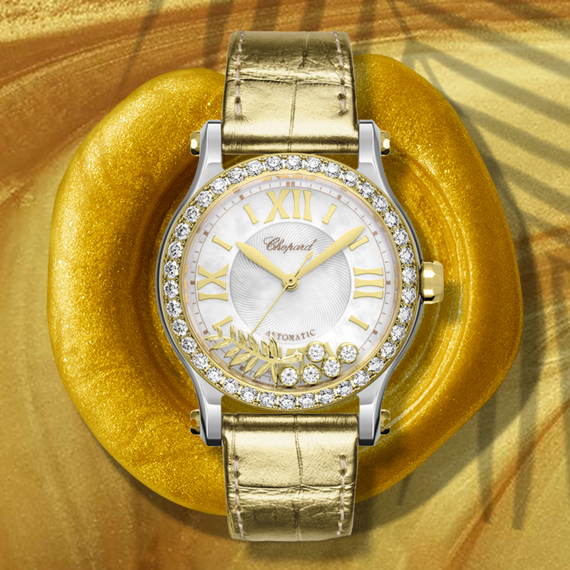 Часы Chopard Happy Sport Palm в 36 мм корпусе из желтого «этичного» золота Fairmined и стали с 5 плавающими бриллиантами и фигуркой в виде пальмовой ветви