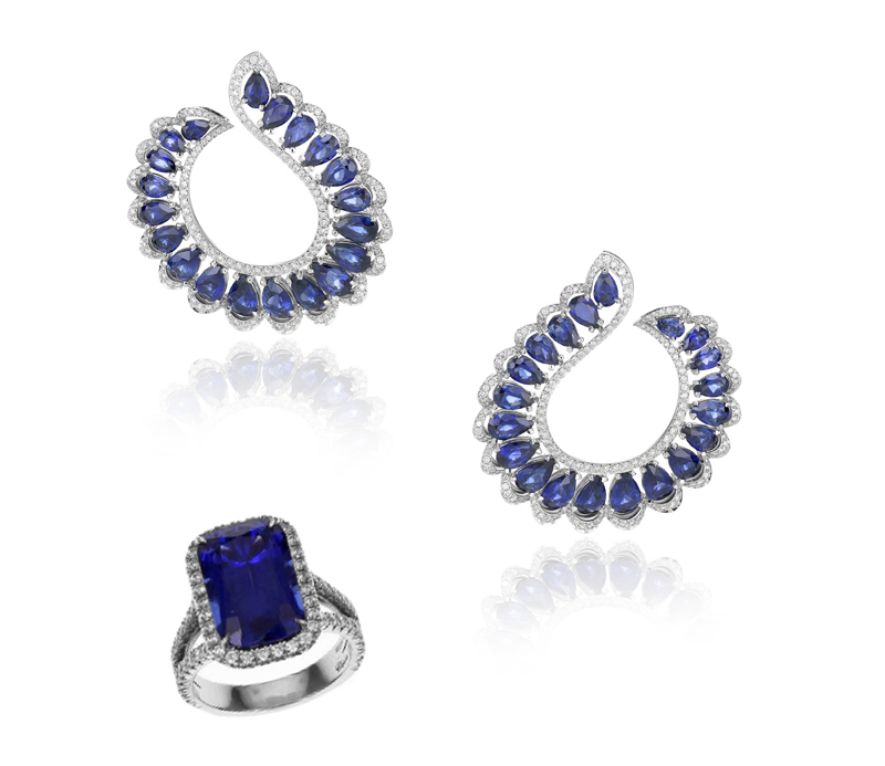 Серьги Precious Lace из белого золота с сапфирами (15.95 к) и бриллиантами (0.99 к) и кольцо Haute Joaillerie с сапфиром (8 к) и бриллиантами (0.78 к), все Chopard