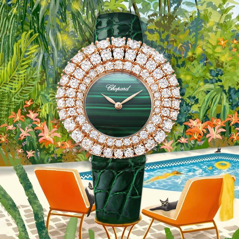 Часы Chopard L'Heure du Diamant в 33 мм корпусе из розового золота с бриллиантами на корпусе и малахитовым циферблатом