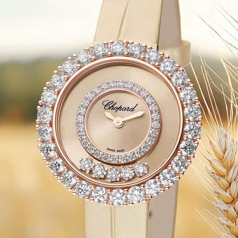 Часы Chopard Happy Diamonds Icons Round в 29 мм корпусе из розового золота с бриллиантами на безеле и циферблате, пять плавающих бриллиантов внутри