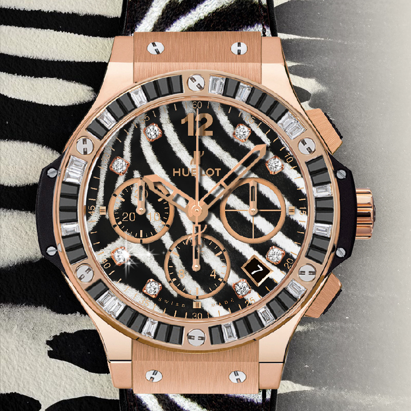 Часы Hublot Big Bang Zebra Bang в 41 мм корпусе из розового золота с бриллиантами на корпусе и в виде часовых меток