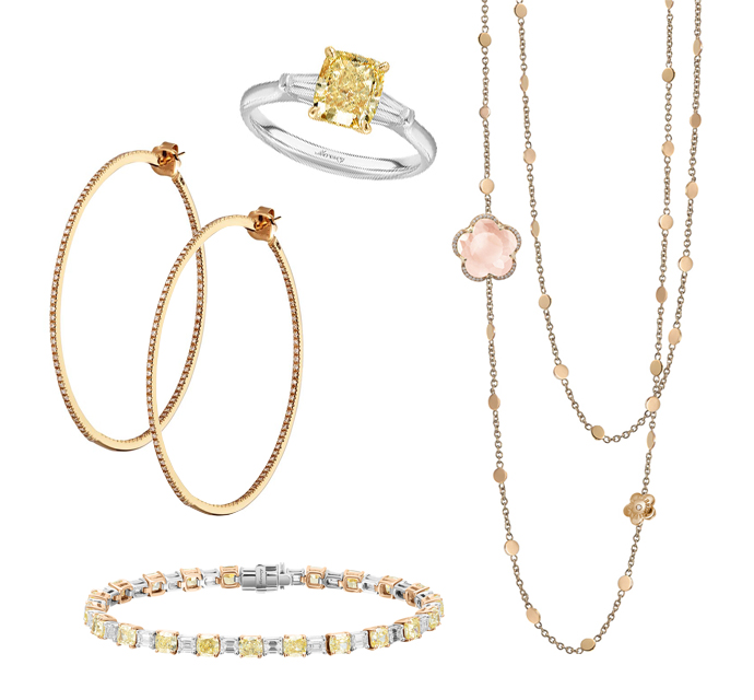 Серьги Mercury Classic из желтого золота с бриллиантами, кольцо Mercury Classic из белого золота с бриллиантами, колье Pasquale Bruni Bon Ton из розового золота с бриллиантами и кварцем и браслет Mercury Classic из желтого золота с бриллиантами 