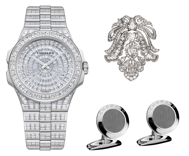 Часы Alpine Eagle 41 XP Frozen Summit в 41 корпусе из белого золота, инкрустированные бриллиантами, брошь Haute Joailleriе из белого золота с бриллиантами и запонки, все Chopard