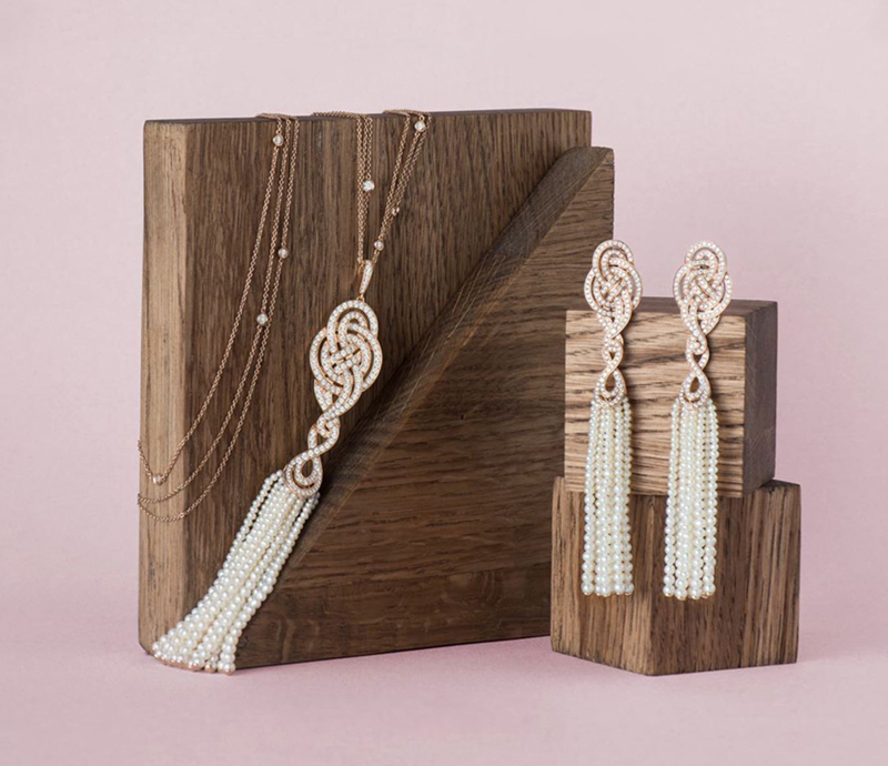 Кулон и серьги Garrard Entanglement из розового золота с бриллиантами и жемчугом