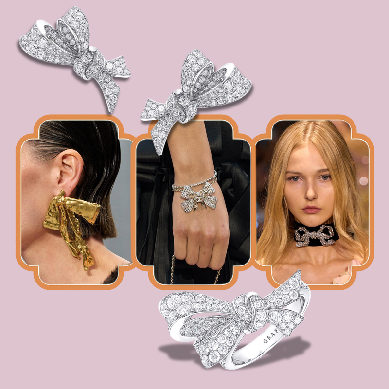 На фото: деталии с показов Acne Studio, Chanel, Elie Saab осень-зима 2025/26 || серьги и кольцо Graff Bow Motif На фото: деталии с показов Acne Studio, Chanel, Elie Saab осень-зима 2025/26 || серьги и кольцо Graff Bow Motif