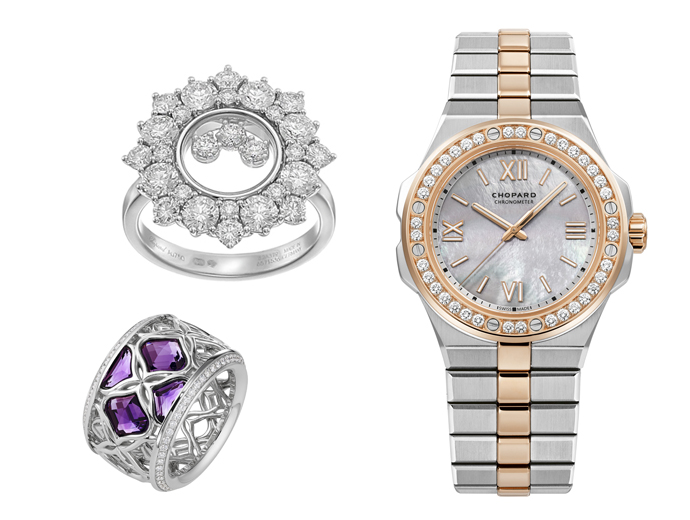 Кольцо Happy Diamonds Joaillerie из белого золота с бриллиантами, кольцо Imperiale из белого золота с аметистами и бриллиантами, часы Alpine Eagle в корпусе из стали и розового золота с бриллиантами, все Chopard Кольцо Happy Diamonds Joaillerie из белого золота с бриллиантами, кольцо Imperiale из белого золота с аметистами и бриллиантами, часы Alpine Eagle в корпусе из стали и розового золота с бриллиантами, все Chopard