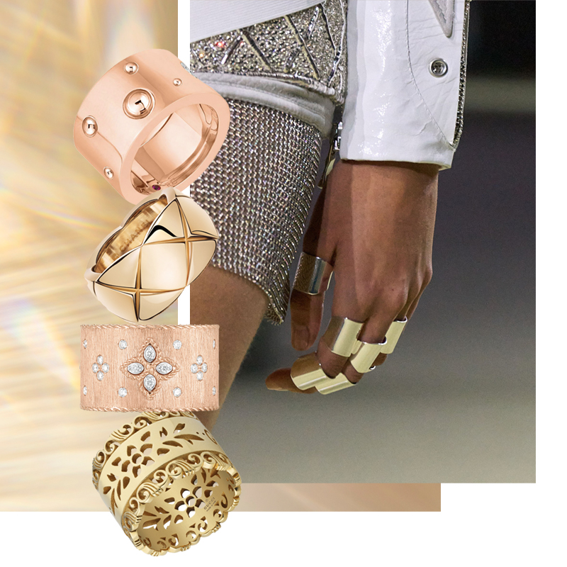 На фото: кольцо Roberto Coin Pois Mois, кольцо Chanel Coco Crush, кольцо Roberto Coin Venetian Princess, Кольцо Gucci Icon || показ Balmain FW 22/23
