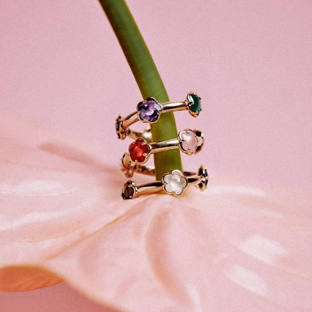 Кольцо Figlia Dei Fiori из розового золота с Агатом, карнелианом, ониксом, лунным камнем, розовым халцедоном, цитрином, аметистом, синим и голубым топазом, дымчатым кварцем и лазуритом