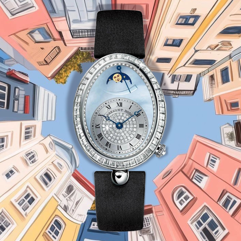 Часы Breguet Queen of Naples в корпусе из белого золота с бриллиантами на безеле и циферблате. Оснащены индикатором запаса хода и лунным календарем