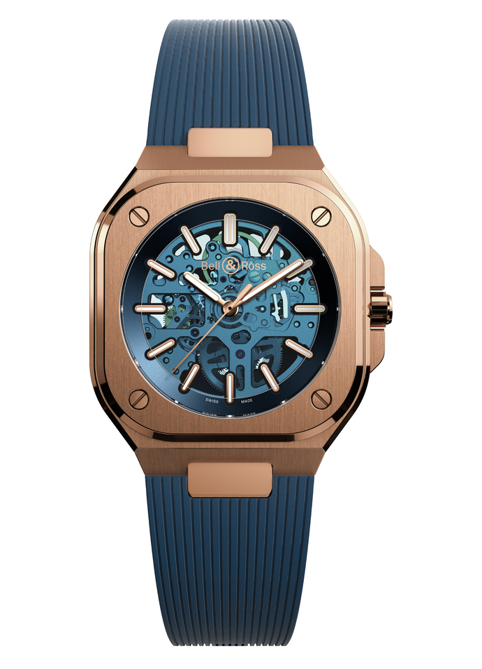 Часы Bell & Ross BR05 Skeleton Gold Blue, розовое золото, сапфировое стекло. Цена продажи — 55 тысяч швейцарских франков