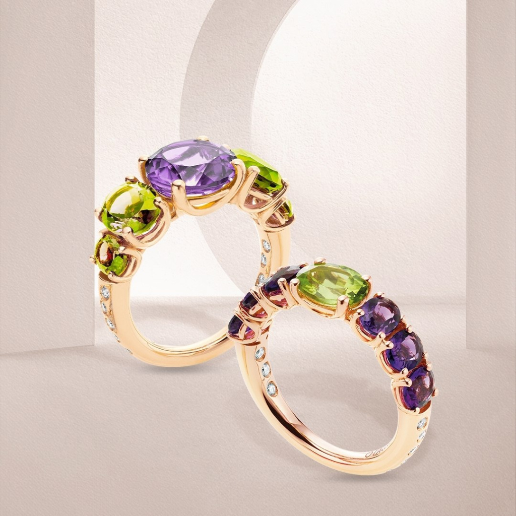 Кольца Casato Back To Origin из розового золота с аметистами, перидотами и бриллиантами
