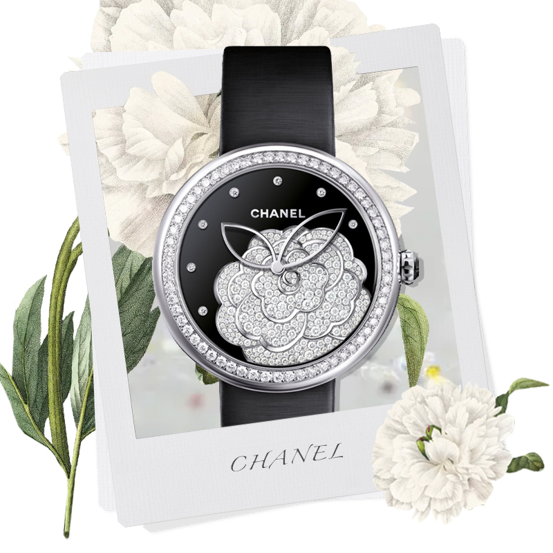 Часы Chanel Mademoiselle в 37.5 мм корпусе из белого золота с бриллиантами на безеле и бриллиантовой камелией