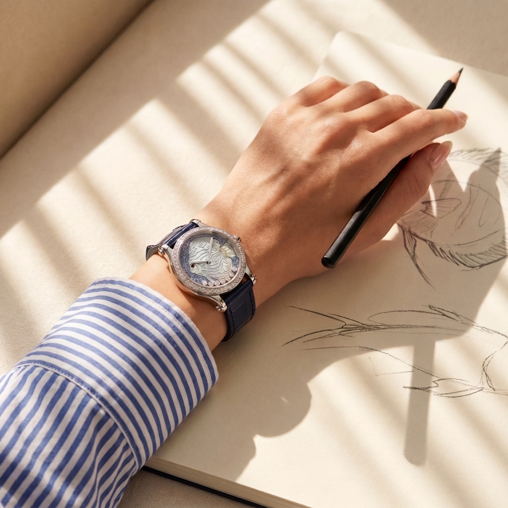 Часы Chopard Happy Fish в 36 мм корпусе их белого золота с бриллиантами, сапфирами и перламутром