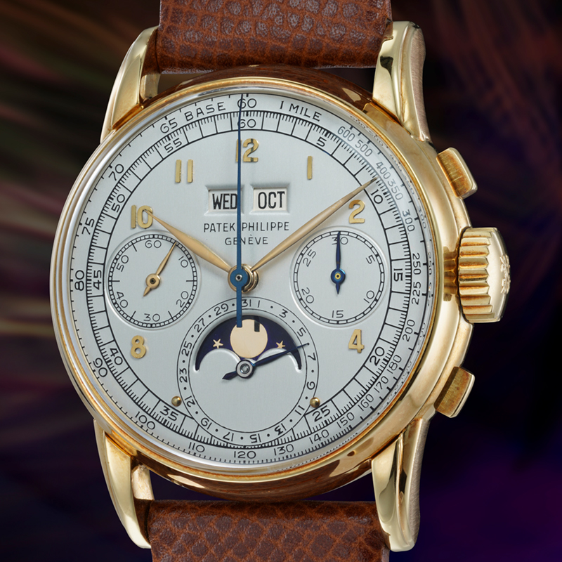 Хронограф Patek Philippe First Series Ref. 2499 в 36,2 мм корпусе из желтого золота с вечным календарем и индикатором фаз Луны