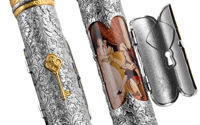 Сочетание престижных материалов — серебро, вертел, перегородчатая эмаль — и декора той эпохи отражают стиль рококо. А потайная дверка намекает на историю Венеции как европейской столицы удовольствий и открывает доступ к картине, нарисованной вручную