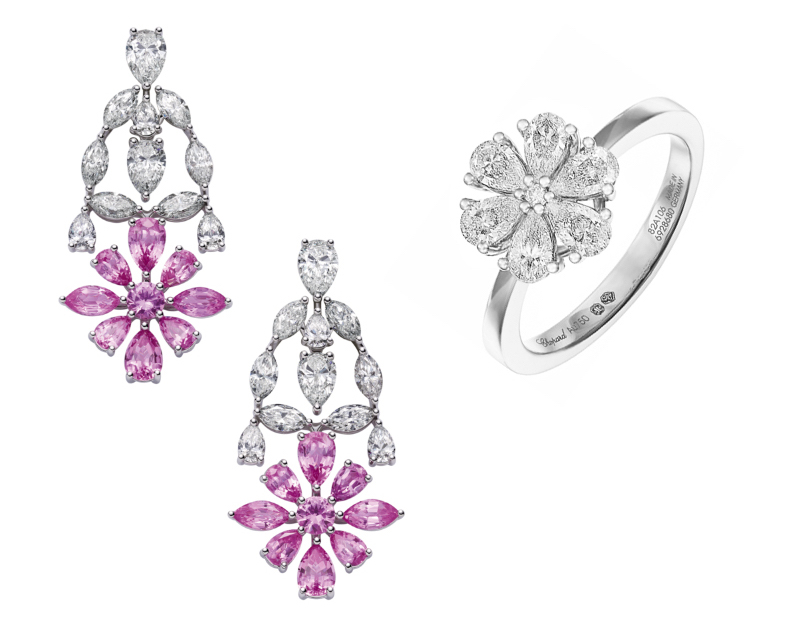  Серьги Haute Joaillerie из белого золота с бриллиантами и розовыми сапфирами, кольцо L'Heure Du Diamant из белого золота с бриллиантами (0.86 к), все Chopard