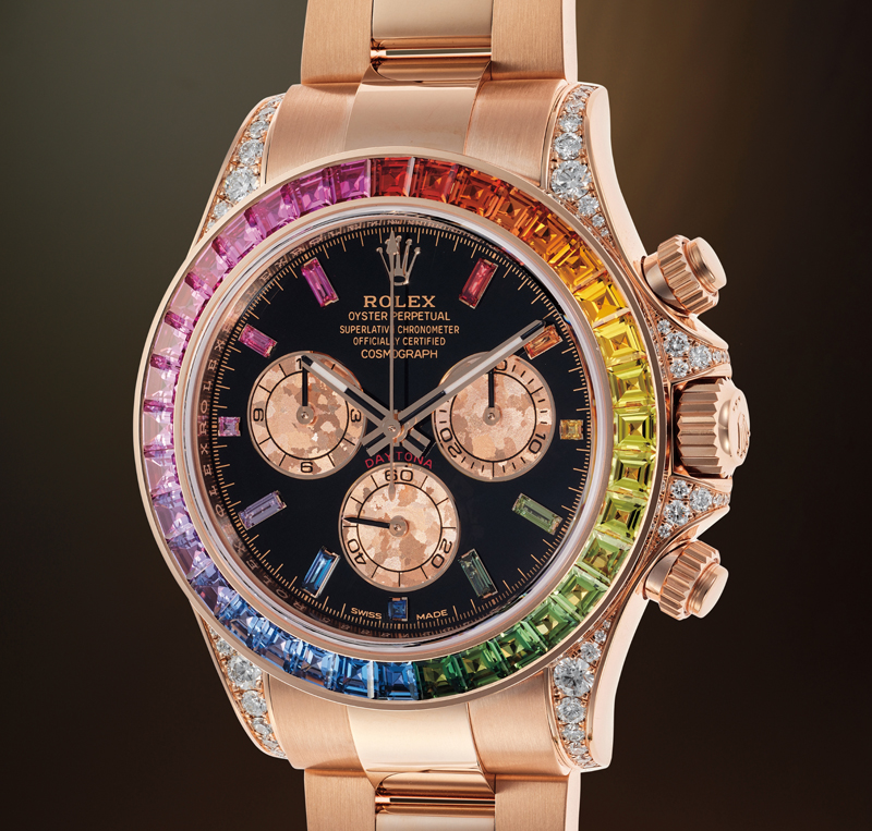 Хронограф Rolex Cosmograph Daytona «Rainbow» Ref. 116595RBOW в 40 мм корпусе из розового золота с инкрустацией разноцветными сапфирами и бриллиантами