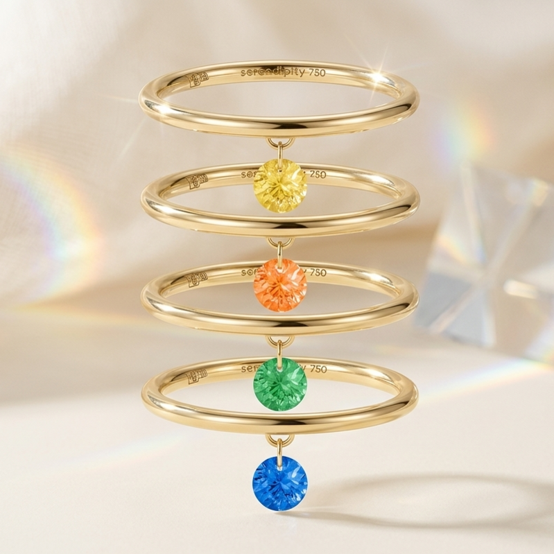 Кольца Serendipity Infinity из желтого золота с зеленым гранатом и цветными сапфирами