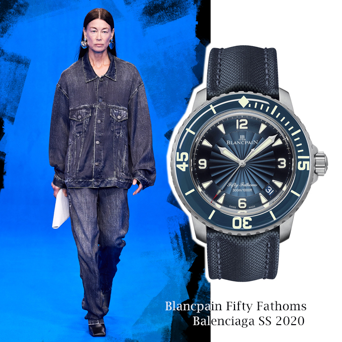 Модель с показа Balenciaga SS 2020 || часы Blancpain Fifty Fathoms в корпусе из стали